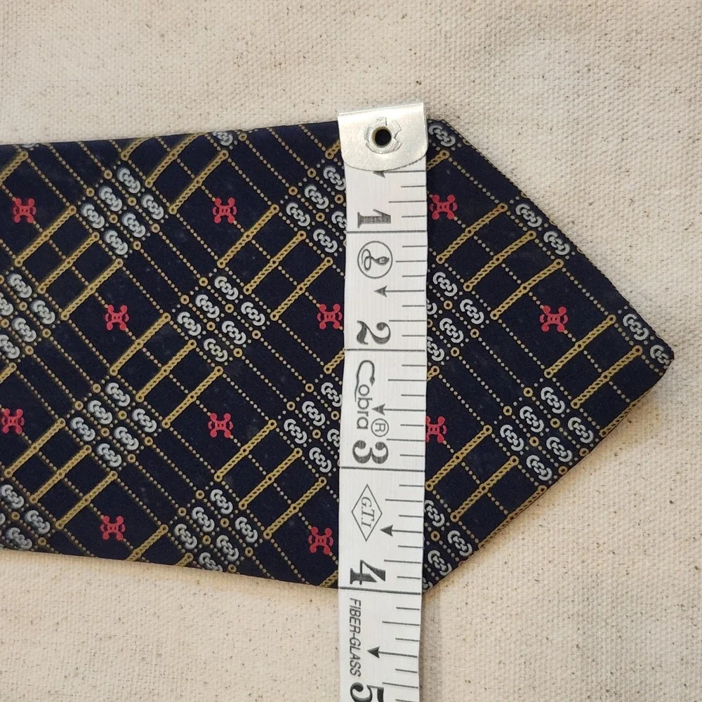 Vintage Celine Paris Silk Tie Navy Blue with Gold Chain & Sulky Horse Emblem